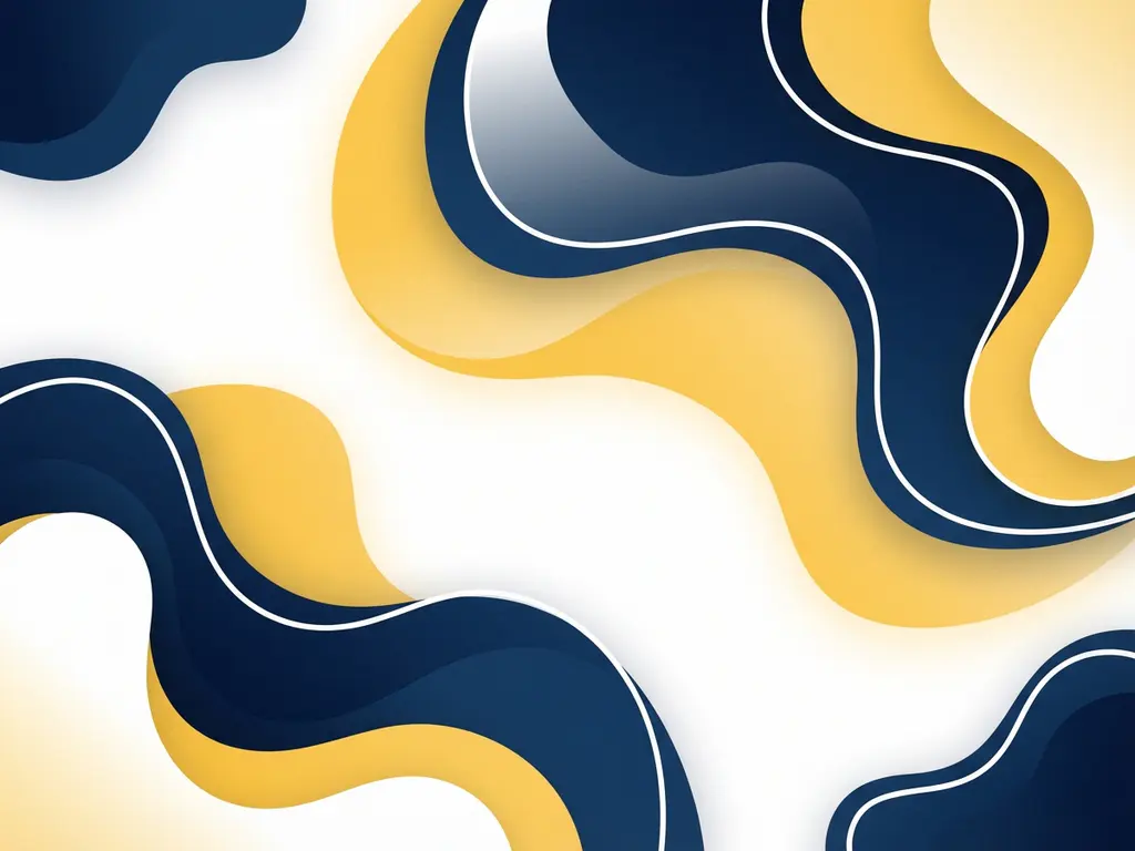 Abstracte golven van bovenaf in marineblauw, warm geel en wit, met vloeiende gradiënten en organische curves.