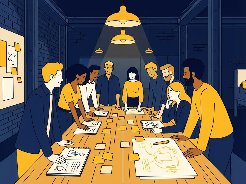 Diverse groep mensen brainstormt aan houten tafel met kleurrijke sticky notes en schetsen in industriële ruimte met bakstenen muren.