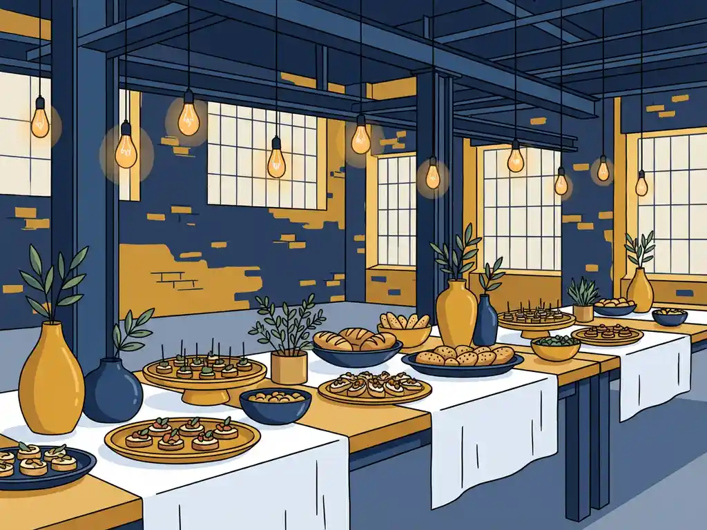 Lange cateringtafel met ambachtelijke hapjes, keramische schalen en botanische decoraties in een industriële zaal met Edison-verlichting.