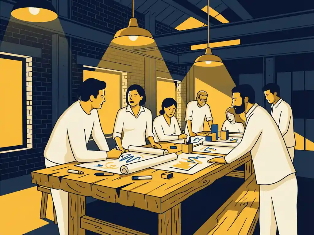 Brainstormsessie aan een houten industriële tafel in een verbouwde fabrieksruimte met bakstenen muren, schetsen en markers verspreid over het oppervlak.