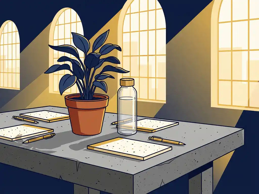 Ingemaakte plant en glazen herbruikbare waterfles op betonnen tafel met zaadpapier notitieboekjes en bamboepen in warm daglicht.