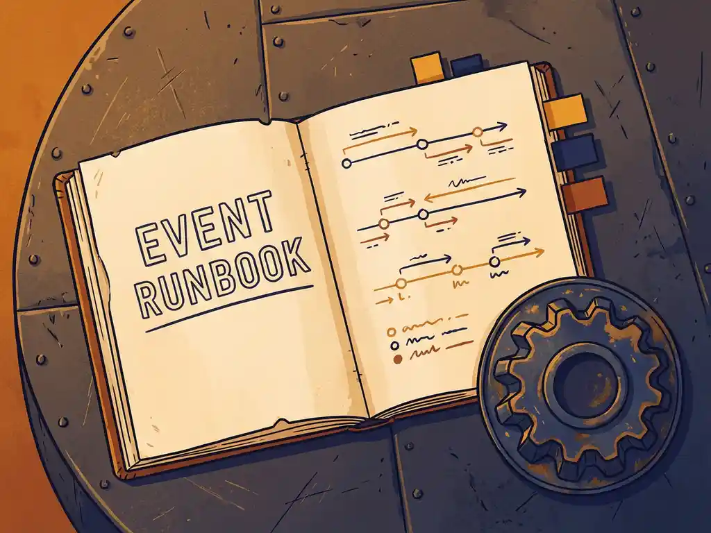 Opengeslagen event runbook met handgeschreven tijdlijnnotities en gekleurde tabbladen op verweerd industrieel staal, met vintage blikken mal ernaast.