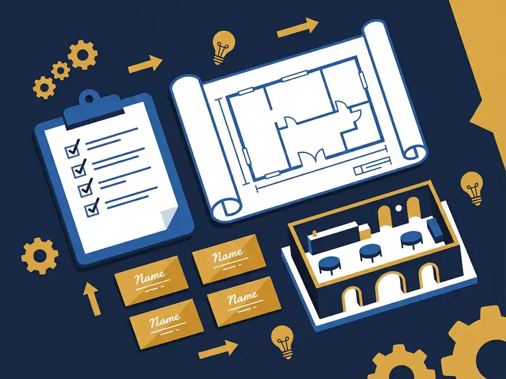 Bovenaanzicht van evenementenplanning essentials: klembord met checklist, plattegrond, gouden naamkaartjes op donkerblauwe ondergrond.
