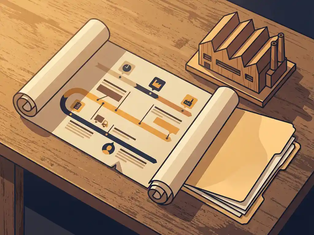 Gedetailleerde evenementtijdlijn als blauwdrukrol op eiken tafel, naast een architectuurmodel van een fabriekslocatie en een open offertemapper.