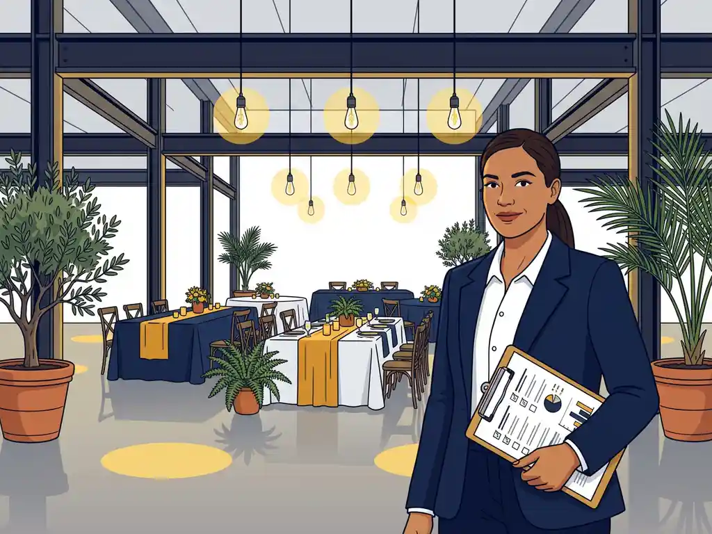 Eventplanner met klembord in industriële feestzaal met stalen balken, Edison-verlichting en betonnen vloer.