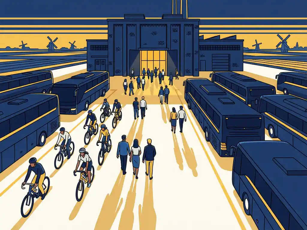 Coaches en fietsen op een brede toegangsweg naar een bakstenen fabriek, bezoekers lopen naar binnen in Nederlands landschap bij avondlicht.