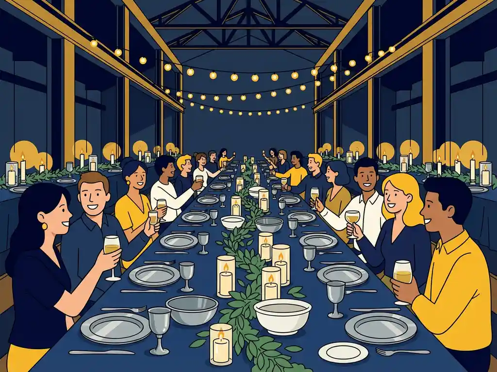 Feestelijke banquettafel voor grote groep in industriële zaal met stalen balken, slingerverlichting, groene centerpieces en marineblauw-gouden kleurenpalet.