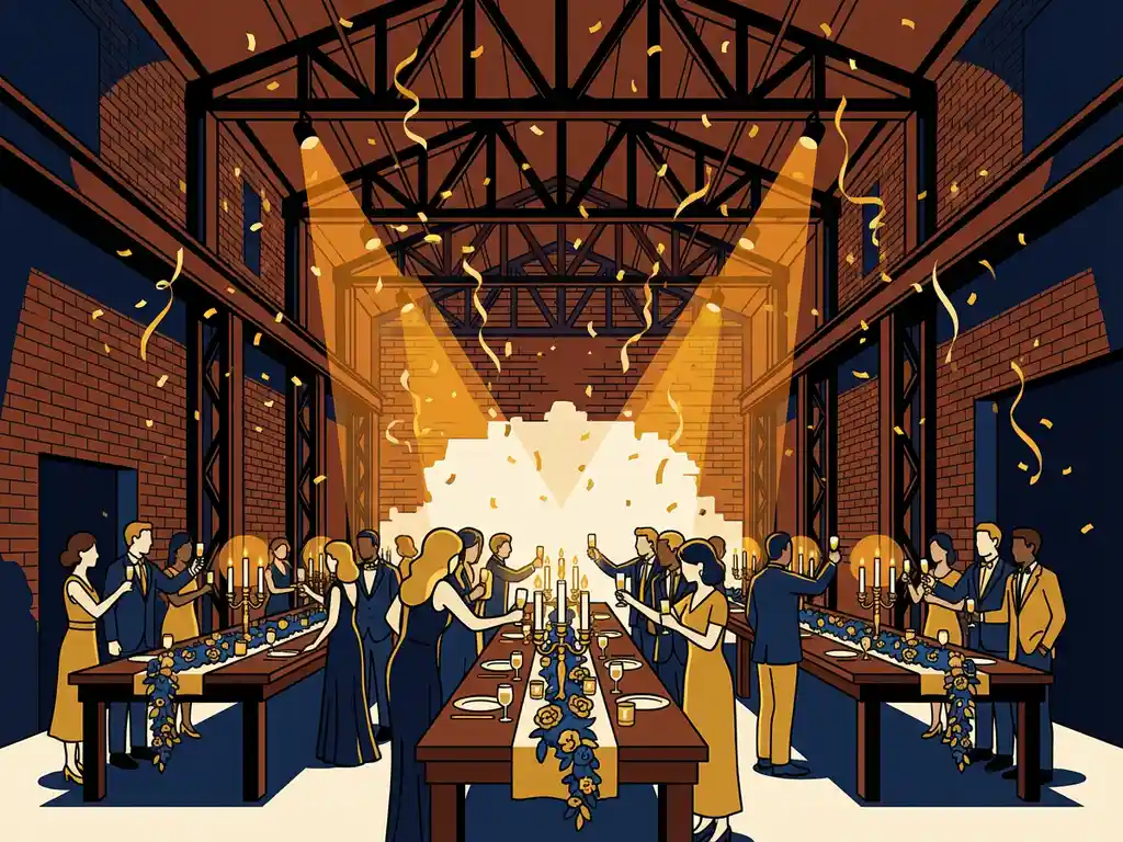 Feestelijke viering in industriële hal met bakstenen muren, stalen balken, gouden confetti en feestelijk gedekte tafels met kaarsen en bloemen.
