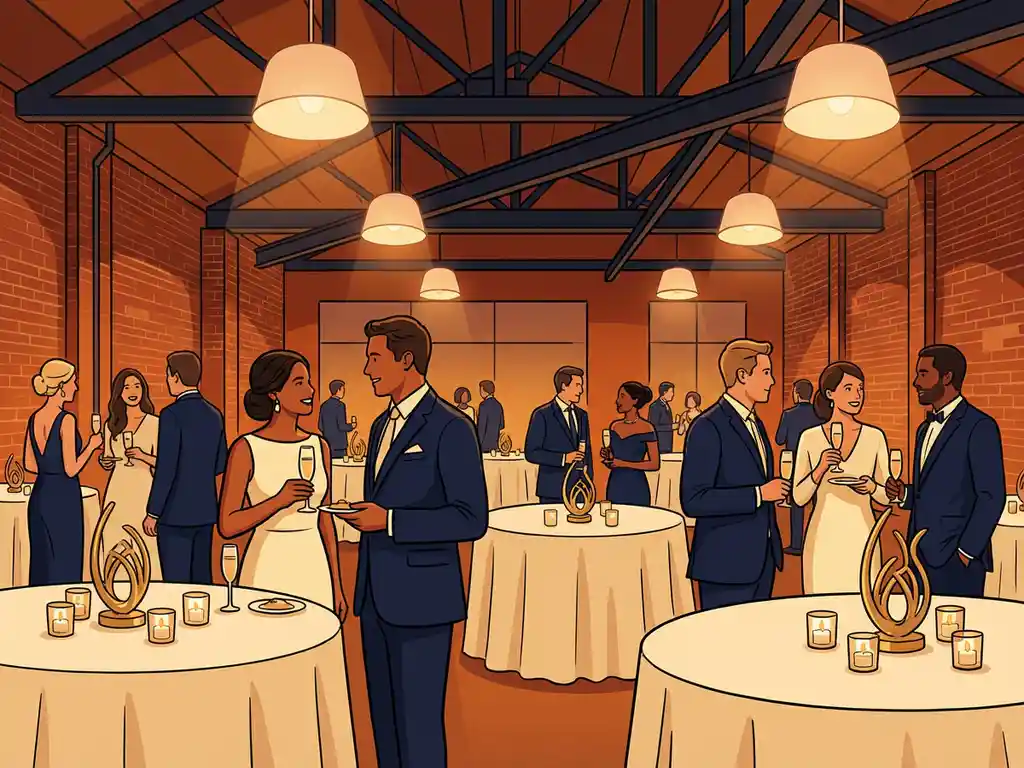 Gasten mingelen in een industriële evenementenruimte met bakstenen muren, stalen balken en ronde tafels met kaarsen en gouden centerpieces.