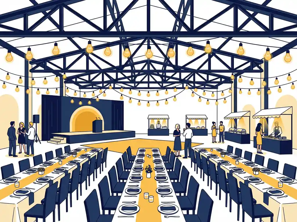 Industriële feestzaal met lange banquettafels, Edison-peertjesverlichting en een presentatiescène in marine en goudgeel.