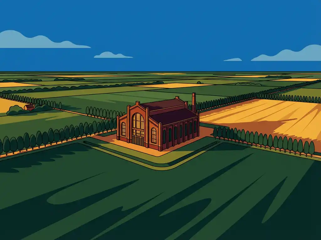 Luchtaanzicht van groen Nederlands polderlandschap buiten de Randstad met herbestemde industriële bakstenen fabriek in warm middaglicht.