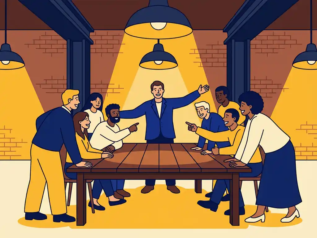 Levendige groepsbijeenkomst rond een houten industriële tafel in een verbouwde fabrieksruimte met bakstenen muren en stalen balken.