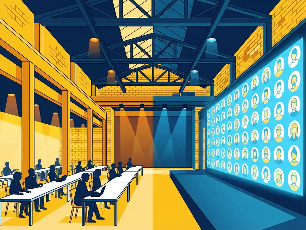 Industriële evenementzaal met publiek aan tafels en groot projectiescherm met remote deelnemers, verlicht door amber en blauw licht.