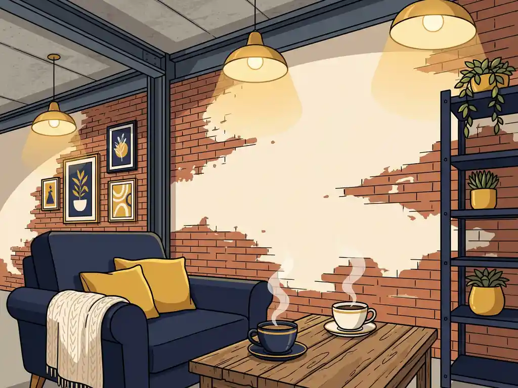 Gezellige caféhoek met houten meubels en lounge zitplaatsen in een industriële ruimte met bakstenen muren en dampende koffiekopjes.