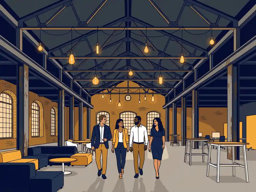 Professionals lopen door industriële evenementenruimte met stalen plafond, Edison-verlichting en modern vergadermeubilair.
