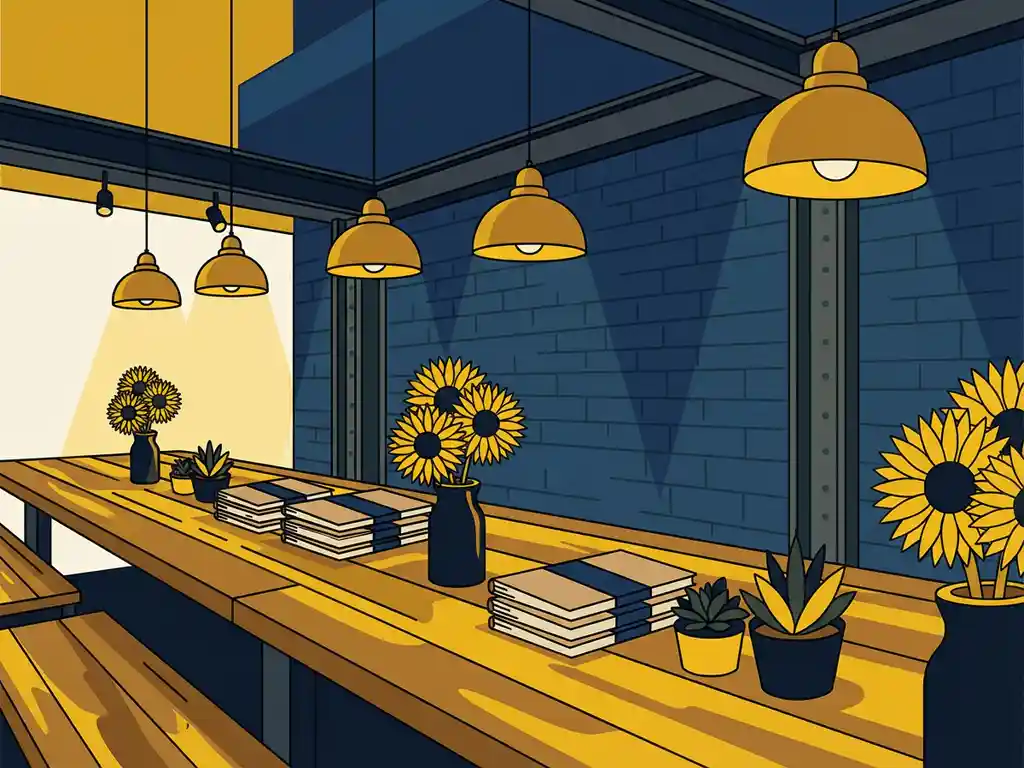 Industriële conferentietafel versierd met gele zonnebloemen, kraftpapier notitieboekjes en kleine planten in een bakstenen evenementenhal.