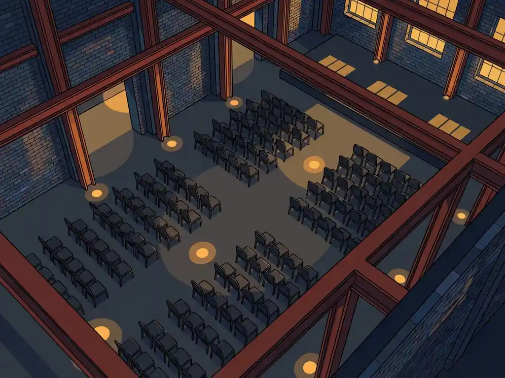 Industriële evenementenhal met stalen balken, bakstenen muren, elegante conferentiestoelen en warm amber licht tegen diepe marineblauwe schaduwen.