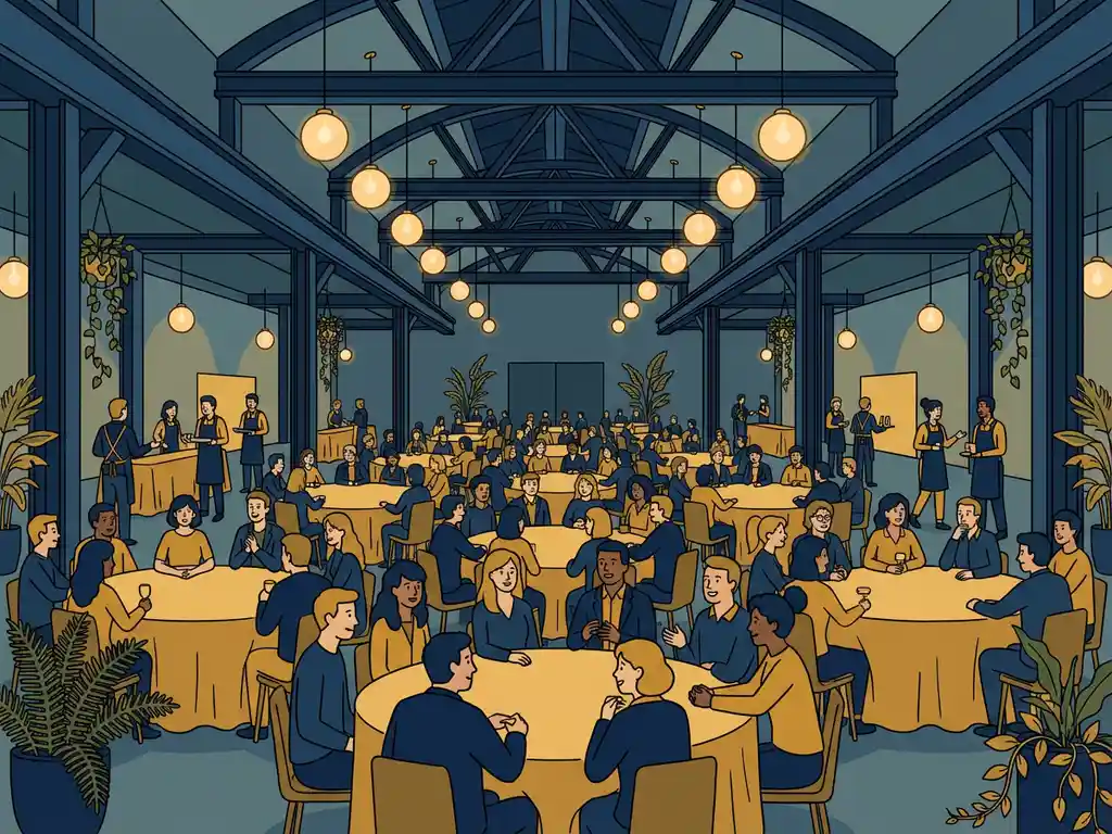 Grote industriële evenementenhal met 200+ gasten aan ronde tafels, hangende lampjes, groen decor en marineblauw-gouden kleurenpalet.