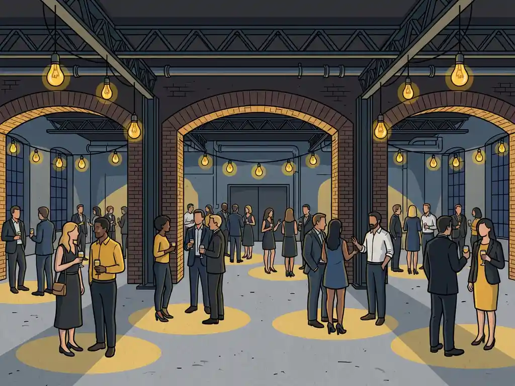 Industriële evenementenhal met gasten in meerdere verbonden ruimtes, Edison-verlichting op betonvloer en stalen balken.