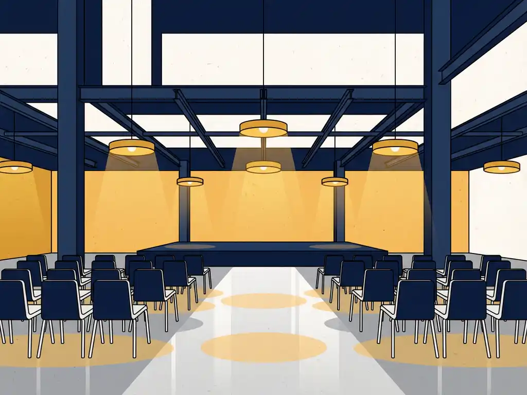 Industriële evenementenhal met gouden hanglampen, betonnen vloer en stoelrijen voor een minimalistisch podium.