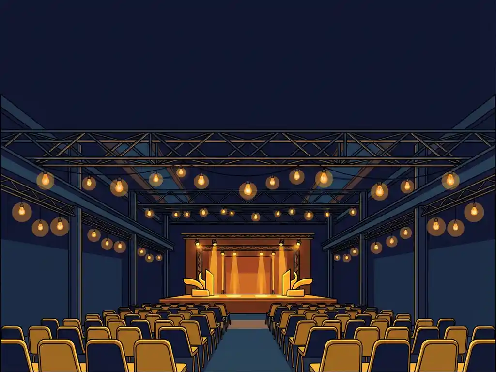 Industriële evenementenhal met stalen balken, Edison-verlichting en elegante stoelrijen gericht op een verlicht podium.
