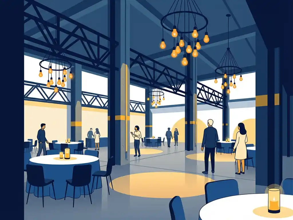 Industriële evenementenhal met stalen balken en betonnen muren, omgetoverd tot elegante bedrijfslocatie met warm Edison-verlichting.