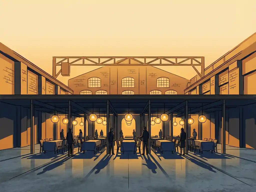 Industriële feestzaal met stalen balken en bakstenen muren, verlicht door gouden hanglampen boven gedekte tafels op betonnen vloer.