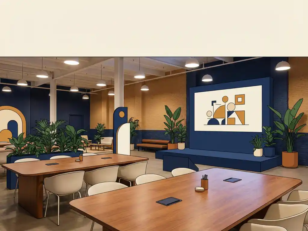Industriële evenementenruimte met houten tafels, presentatiezone, bakstenen muren en groene planten in navy en amber tinten.