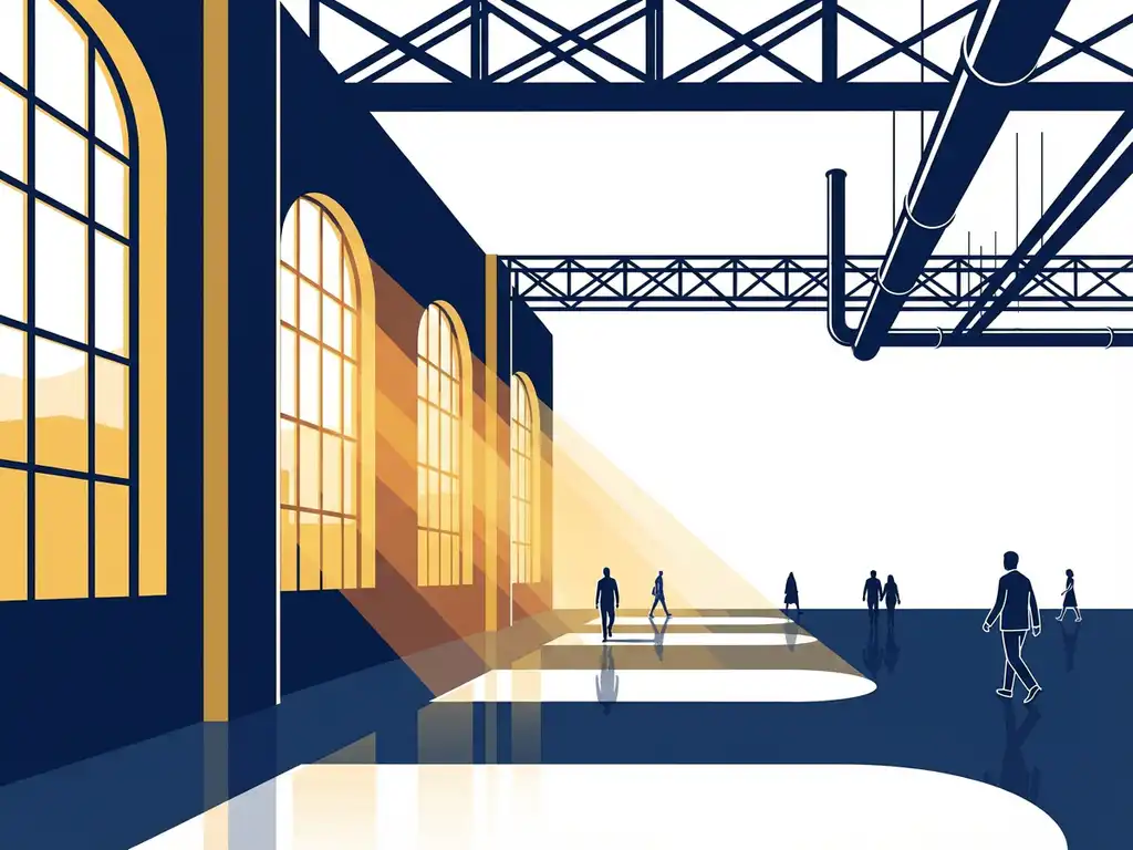Industriële hal met hoog plafond, warm amberkleurig licht door fabrieksramen op betonnen vloer, minimalistische silhouetten in navy, goud en wit.