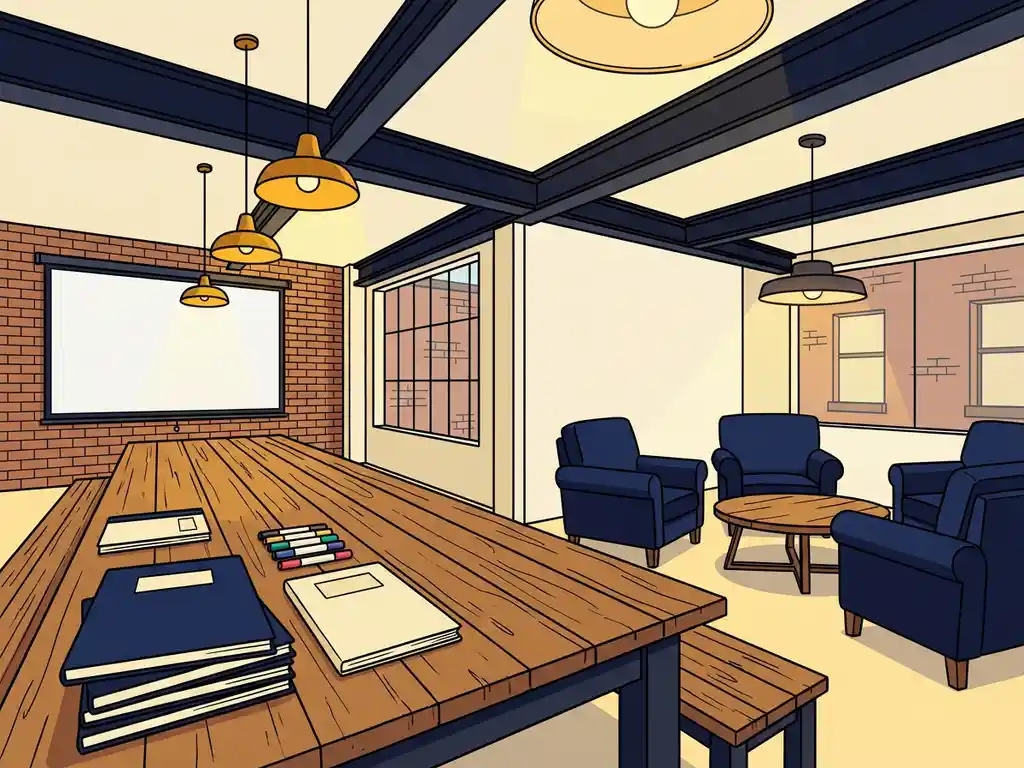 Industriële loftzaal met houten vergadertafel voor training en zithoek, omgeven door bakstenen muren en stalen balken.