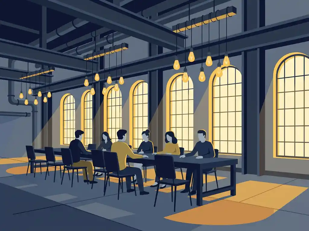 Industriële vergaderzaal met lange tafel, stalen balken, Edison-lampen en hoge boogvensters in een omgebouwde fabrieksruimte.