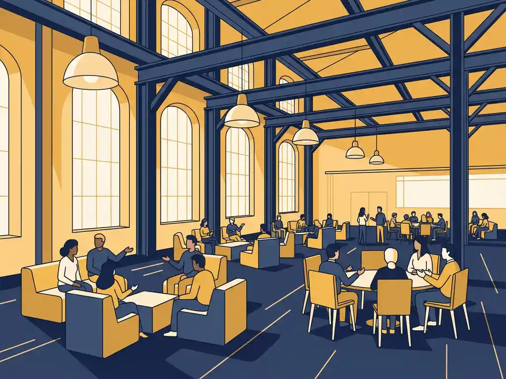 Industriële vergaderruimte met modulaire stoelen en tafels, stalen dakbalken en grote fabrieksramen met warm amberkleurig licht.