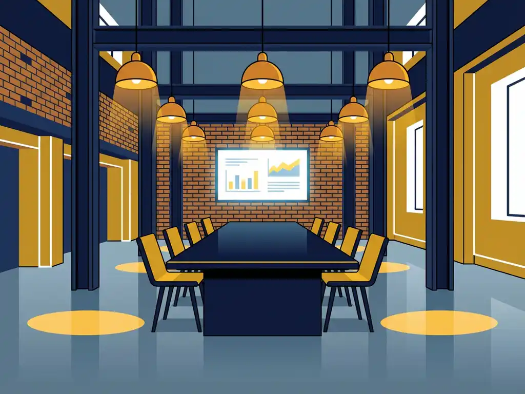 Vergaderruimte met industriële bakstenen muren, stalen balken, presentatiescherm en amberkleurige hanglampen boven een gepolijste betonvloer.