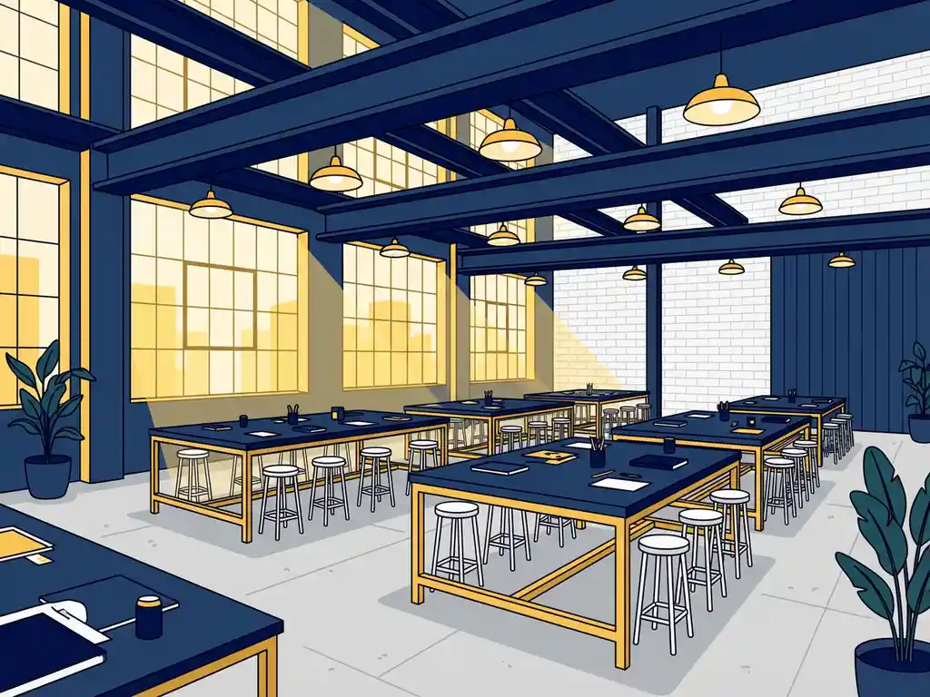Industriële workshopruimte met rijen samenwerkingstafels, stalen balken, hanglampen en grote fabrieksramen met natuurlijk licht.