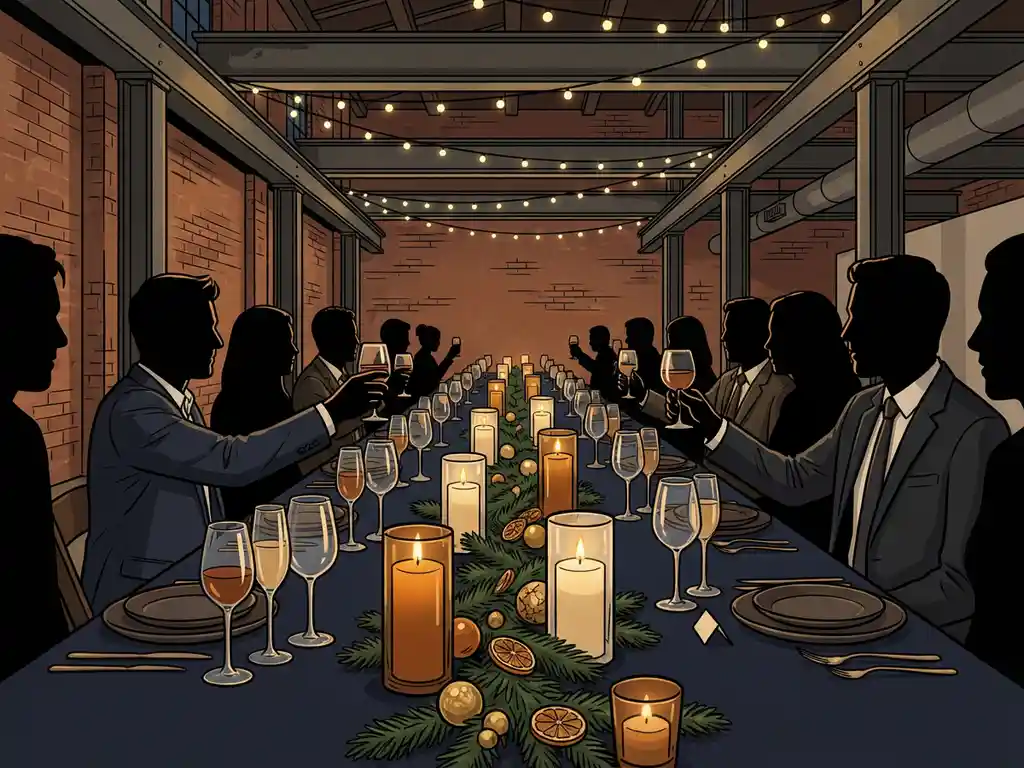 Feestelijk gedekte lange eettafel voor een bedrijfsjaarfeest in een industriële hal met bakstenen muren en stalen balken, verlicht door gouden kaarslicht.