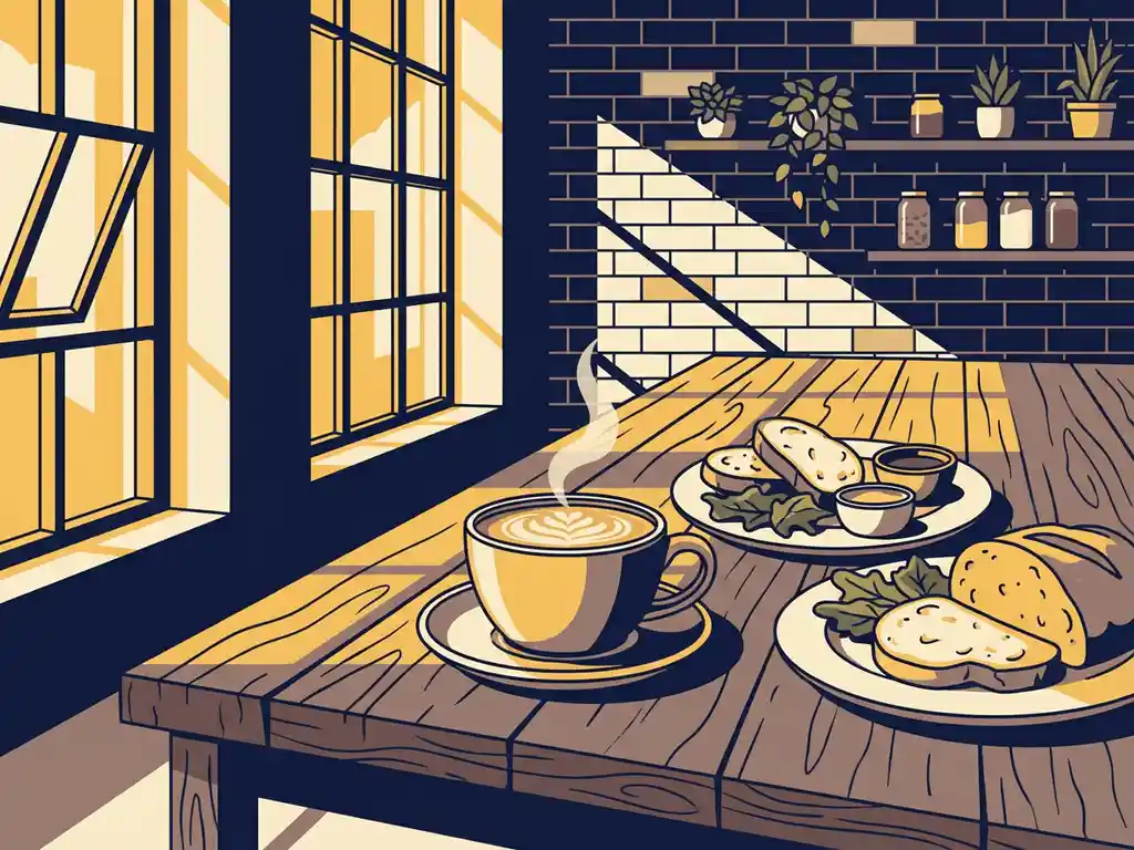 Dampende koffie op een houten tafel in een industrieel café, met ambachtelijk brood en groene salade, bakstenen muur op de achtergrond.