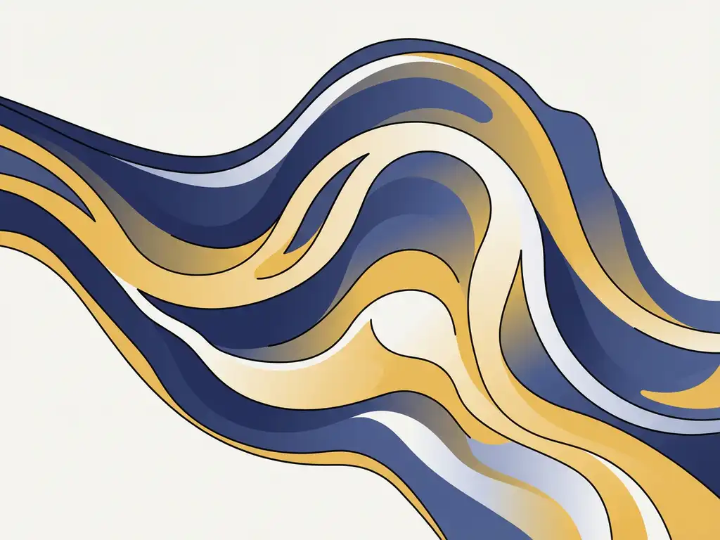 Abstracte compositie met vloeiende golven in donkerblauw, warm geel en wit die harmonieus in elkaar overvloeien.