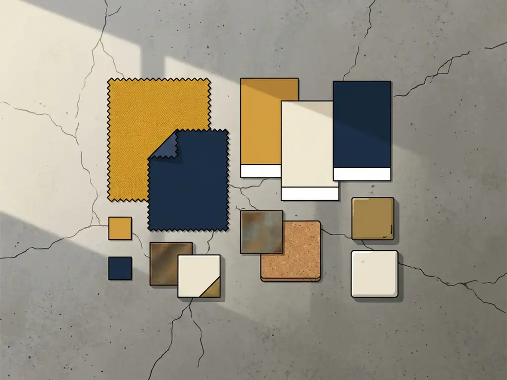 Merkstijlbord met stoffen, kleurstalen en materiaalmonsters op betonnen vloer, warme gele en donkerblauwe tinten.