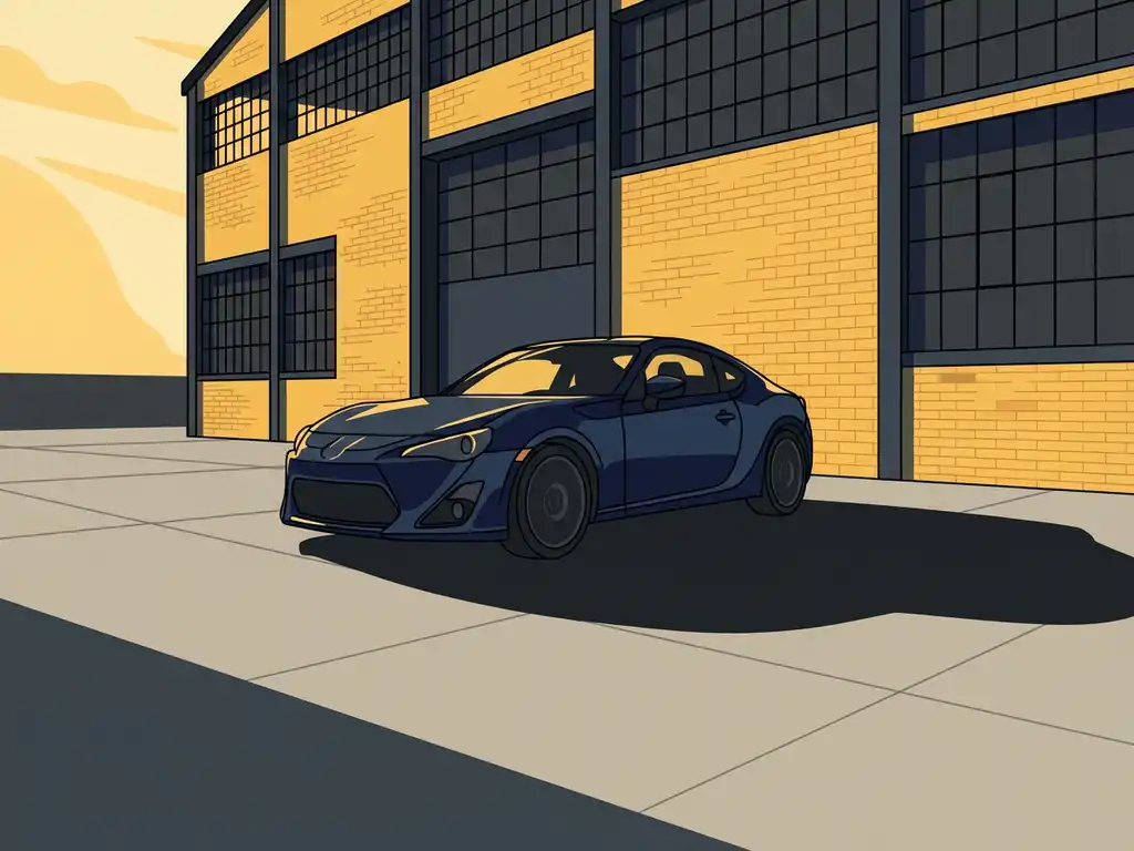 Moderne auto geparkeerd naast industrieel bakstenen gebouw met stalen raamkozijnen, warm middaglicht op lege parkeerplaats.