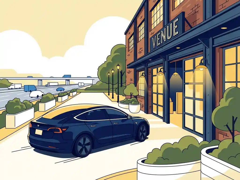 Moderne auto arriveert bij industrieel pand met bakstenen gevel, omgeven door groen in warm middaglicht.