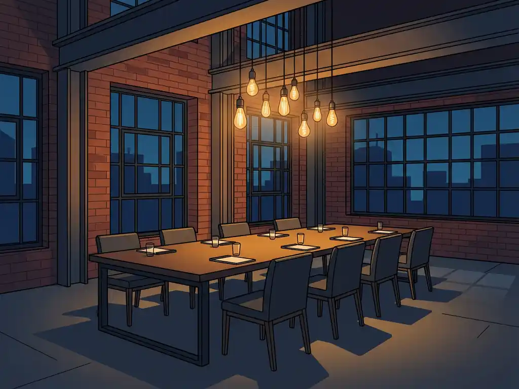 Moderne vergaderruimte in industrieel pand met bakstenen muren, stalen balken en sfeervolle Edison-verlichting rond een lange conferentietafel.