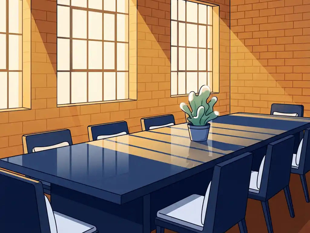 Moderne vergadertafel vanuit laag perspectief, omgeven door bakstenen muren en fabrieksramen met gouden middaglicht en een groene plant.