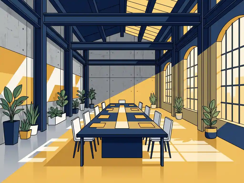 Moderne vergadertafel in industriële hal met stalen balken, fabrieksramen, gouden middaglicht en groene accenten tegen betonnen muren.