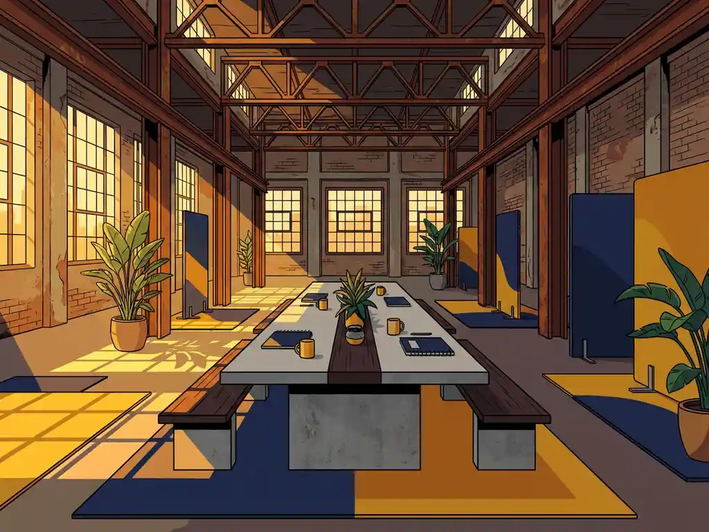 Moderne vergadertafel in industriële hal met stalen balken, bakstenen muren en warme middaglichtinval door hoge ramen.