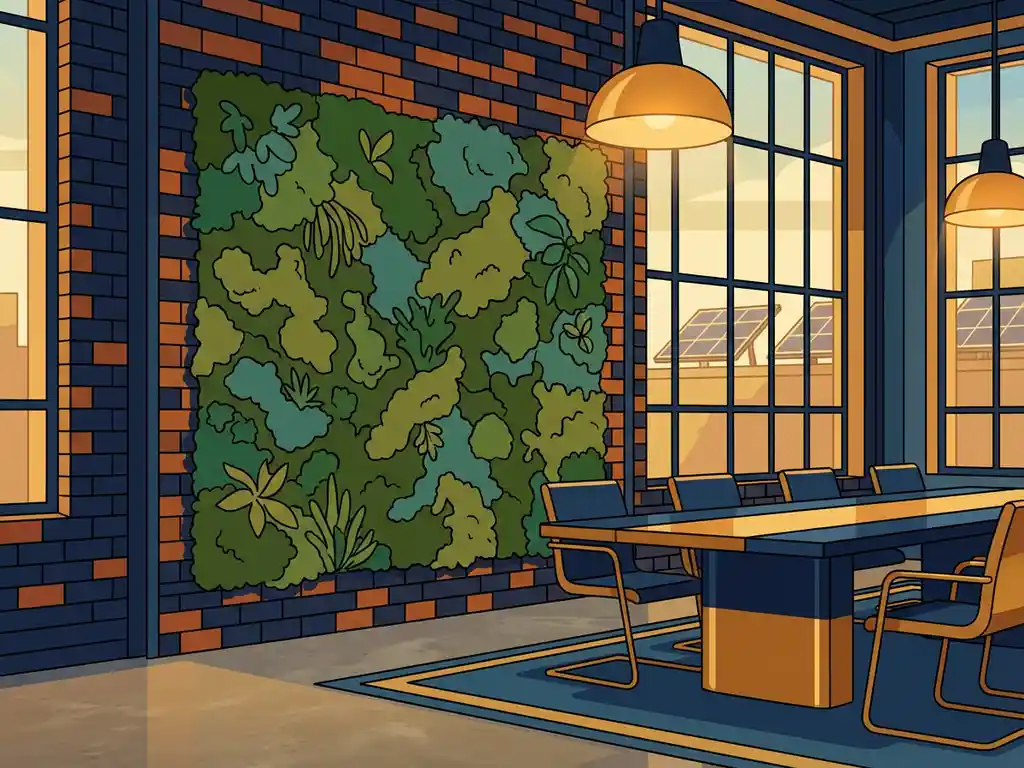 Levende moswand op industriële bakstenen muur in evenementenruimte met zonnepanelen zichtbaar door hoge fabrieksramen en moderne vergadertafel.