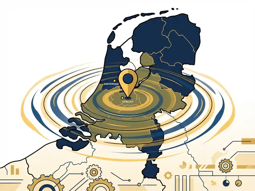 Bovenaanzichtkaart van Nederland met een markeerpin tussen Amsterdam en Utrecht, omgeven door abstracte golven in marineblauw en goudgeel.
