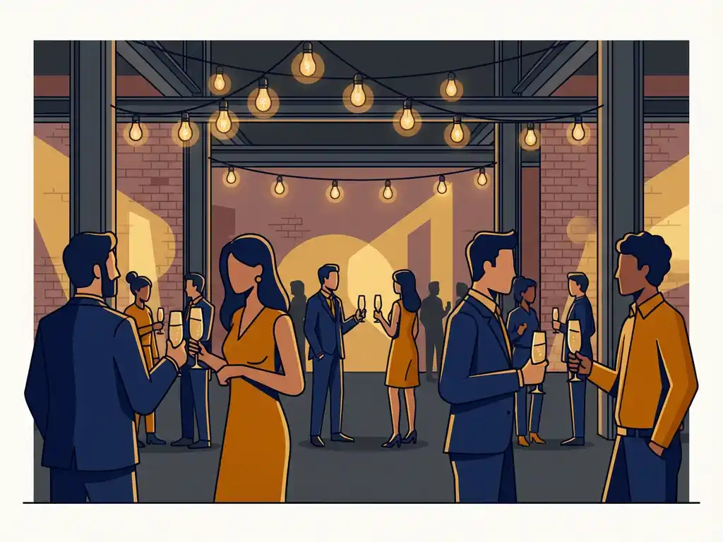 Gasten proosten met champagneglazen tijdens een stijlvol nieuwjaarsfeest in een industriële zaal met Edison-lampen en bakstenen muren.