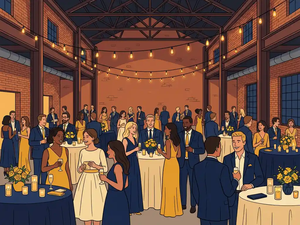 Collega's lachen en praten tijdens een bedrijfsfeest in een industriële feestzaal met bakstenen muren, ronde tafels met kaarslicht en gele bloemstukken.