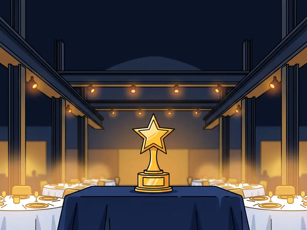 Glanzende prijstrofee op gedrapeerde tafel in industriële feestzaal met stalen balken en warme amberkleurige spotlights.