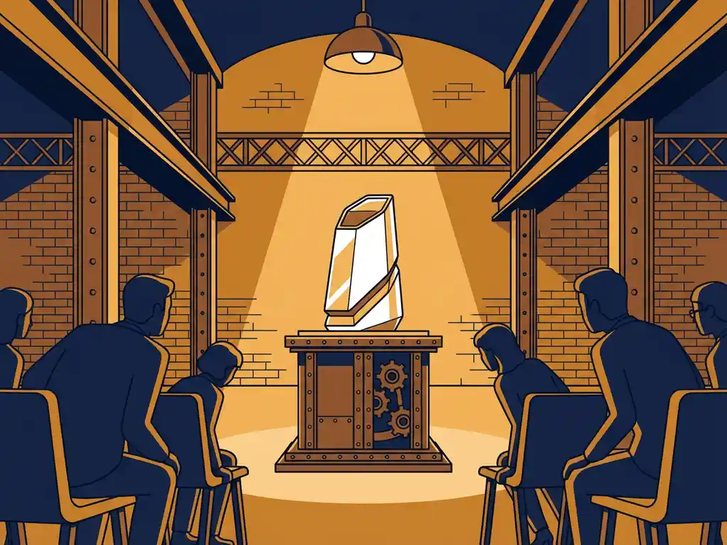 Gepolijst product op industrieel podium in verlichte evenementenhal, omringd door vooroverleunend publiek en bakstenen muren met stalen balken.